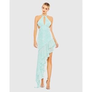 NWT Ieena Mac Duggal Sequined Halter Cut Out Ruffle Asymmetrical Dress - size 4